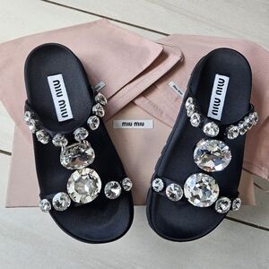 💰SOLD💰 NWT $850 Miu Miu Crystal Black Satin Flat Sandals [Size 36]